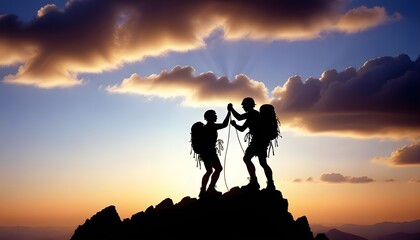 silhouette of the climber helping the other climber for reaching the top of mountain, cloudy sky at sunset time, copy space for text
