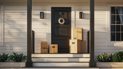 The front entrance of a house, stacked with delivery boxes received from online orders and e-commerce.