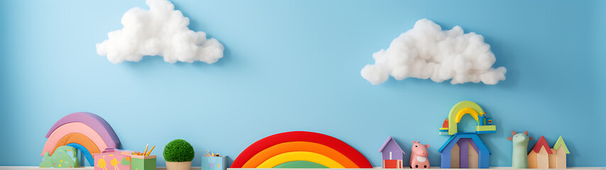 Colorful rainbows, clouds, and toys on a blue wall, perfect for a nursery or kids room design, evoking joy and creativity. 
