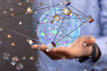 Businessman using data network with his fingers.
