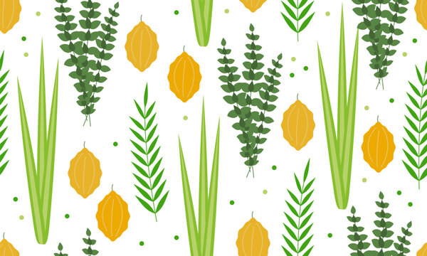 Seamless pattern with palm branch, willow and myrtle leaves, bright yellow etrog. Jewish festival Sukkot four species lulav and esrog. Perfect for wallpapers, pattern fills, surface textures, textile