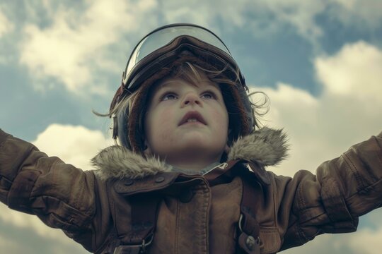 Young aviator spreading his arms while wearing a leather jacket and a vintage aviator hat and goggles