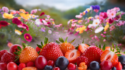 Fresh raspberries and blackberries in a bowl on a wooden table