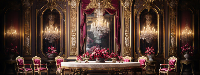 A luxurious, gold and crimson, royal dining room, evoking elegance and grandeur for a special occasion. 
