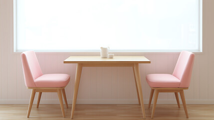 Fototapeta premium A minimalist dining room with pink chairs, a wooden table, and white accents, perfect for a modern home. 