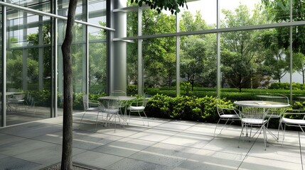 A modern patio set with a table and chairs sits outside a building with large glass windows showcasing a view of lush green trees