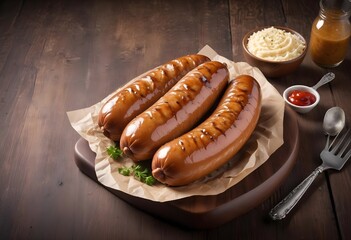 delicious Bratwurst Sausage at restaurant, ad shot, copy space for text