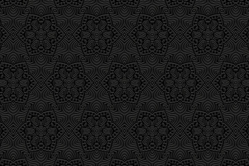 Embossed black background, floral cover design, banner. Geometric tribal 3D pattern. Ethnic ornaments, arabesques, mandala. Handmade exotic. Motifs of the East, Asia, India, Mexico, Aztec, Peru.