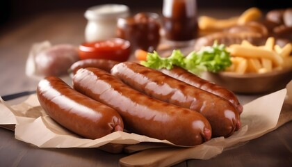 delicious Bratwurst Sausage at restaurant, ad shot, copy space for text
