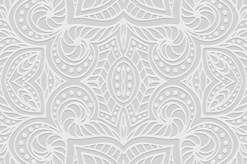 Embossed white lace background, cover design, banner. Geometric tribal 3D pattern. Ethnic ornaments, arabesques, mandala. Handmade exotic. Motifs of the East, Asia, India, Mexico, Aztec, Peru.