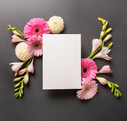 Beautiful Mock up composition of top view blank white sheet of paper with a frame of flowers on black background. Mockup background with flower bouquet, blooming plants and empty space for text.