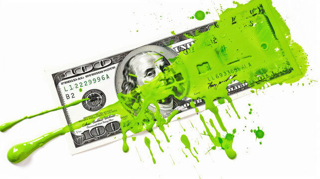 A smear of green paint on a dollar bill. Currency money financial concept. Transparent background or PNG file. - Powered by Adobe