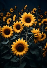 A field of vibrant yellow sunflowers against a dark background