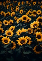 A field of vibrant yellow sunflowers against a dark background