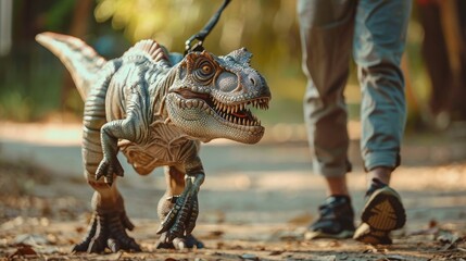 The pet is a dinosaur. A tamed dinosaur on a leash. Jurassic Period