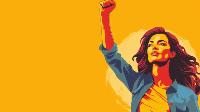 Women's Equality Day. Horizontal banner. Beautiful woman with her hand clenched into a fist raised up on a yellow background. Free space for text, copy space. concept of women empowerment