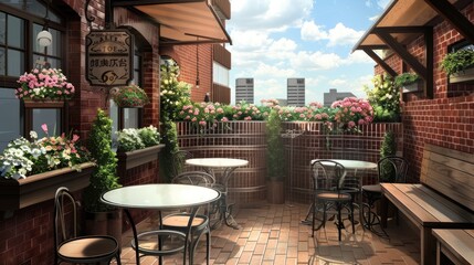 Fototapeta premium A quaint brick building rooftop patio with tables, chairs, and flowers