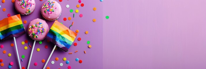 Wear It Purple Day. LGBTIQA+ awareness day. Horizontal banner. Rainbow sweets on a purple background. Free space for text. The concept of supporting youth, protecting the rights of minorities