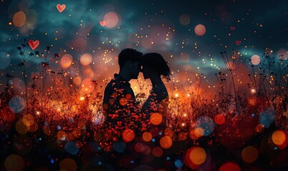 True love, silhouette of a couple among petals, magic lights and hearts, the concept of true love