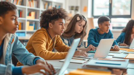 High school students working on assignment using laptops in classroom