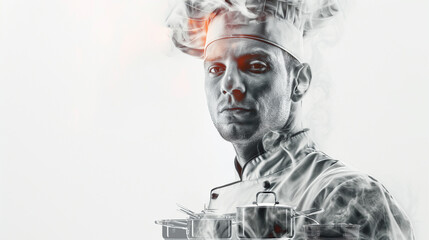 Serious professional chef with toque posing with pots and utensils in a cloud of smoke