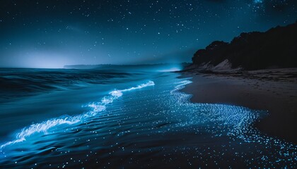 Fototapeta premium Mesmerizing Night View of Bioluminescent Plankton Illuminating the Beach