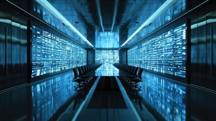 A long, empty conference room with large digital screens on each wall displaying data and graphs. The room is dimly lit with a reflective floor