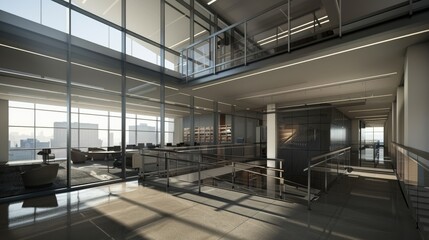 Obraz premium A large, modern office building with floor-to-ceiling windows overlooking a city skyline. Sunlight streams through the windows, illuminating the polished floors and contemporary furniture