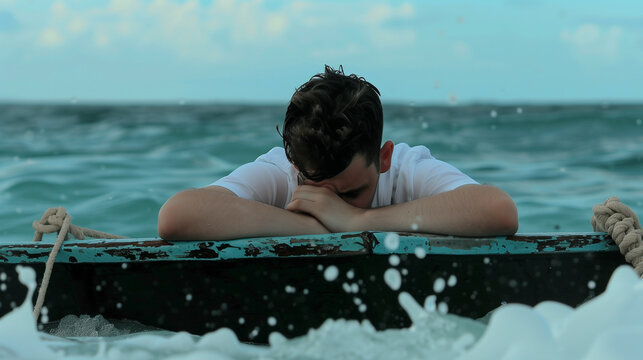 Young man looking sad and depressed while clinging to sinking boat