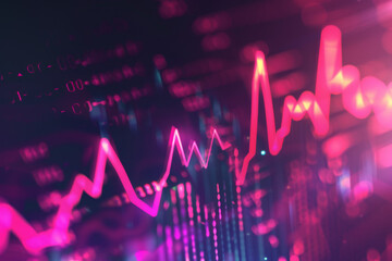 modern stock market background with glowing arrows and charts, pink and purple colors, blurred dark background