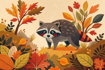 A curious raccoon among autumn leaves