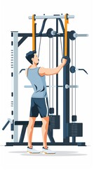 Fototapeta premium flat illustration of a man performing exercises in a gym, focusing on physical fitness and strength training a clean white background