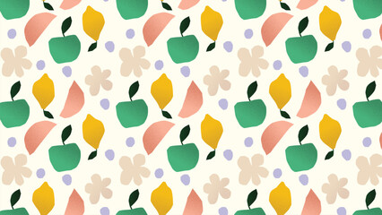 Fruits and leaves vector seamless pattern. Surface pattern design. Apple, lemon, peach, flower, leaf, blueberry. Includes two matching background colors