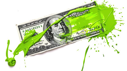 A smear of green paint on a dollar bill. Currency money financial concept. Transparent background or PNG file.