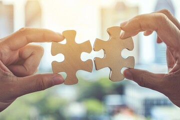 Two Hands Connecting Puzzle Pieces In Front Of A Blurry Cityscape