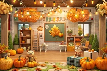 Fototapeta premium A festive classroom decorated for fall with pumpkins and autumn leaves