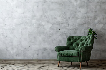 A green velvet armchair, grey wall, and wooden floor create a cozy and inviting atmosphere for interior design inspiration. 
