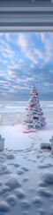 Obraz premium A snowy Christmas scene with a white tree, red ornaments, and gifts, perfect for winter holiday designs. 