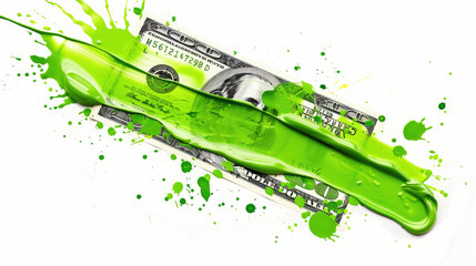 A smear of green paint on a dollar bill. Currency money financial concept. Transparent background or PNG file.