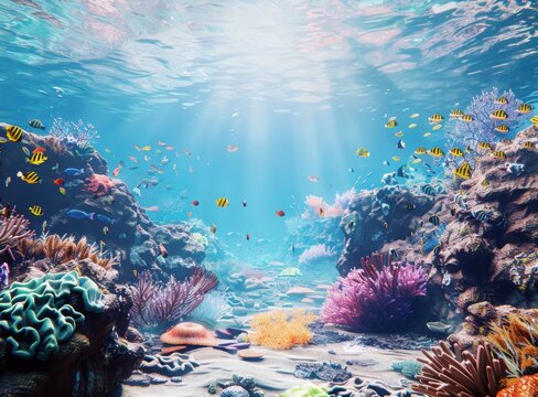 Underwater scane with a colorful coral reef with many fish and blue water in the background