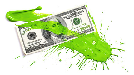 A smear of green paint on a dollar bill. Currency money financial concept. Transparent background or PNG file.