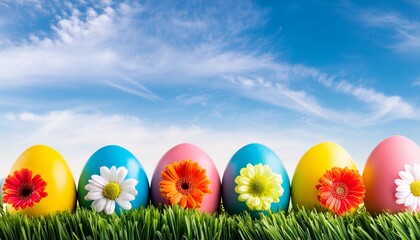 Colorful Easter eggs decorated with flowers in the grass on blue sky background