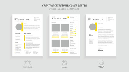 Modern Minimalist CV/Resume Template Two Page Vector Design with Bright Yellow Header - Clean, Stylish, and Professional Layout for Business Job Applications, Cover Letter Included