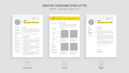 Modern Minimalist CV/Resume Template Two Page Vector Design with Bright Yellow Header - Clean, Stylish, and Professional Layout for Business Job Applications, Cover Letter Included