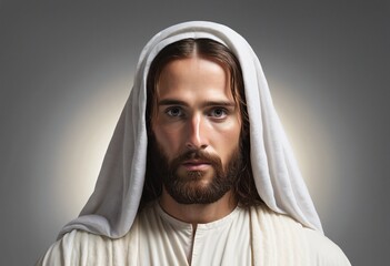 Vignette portrait of Jesus Christ walking on a white background with copy space