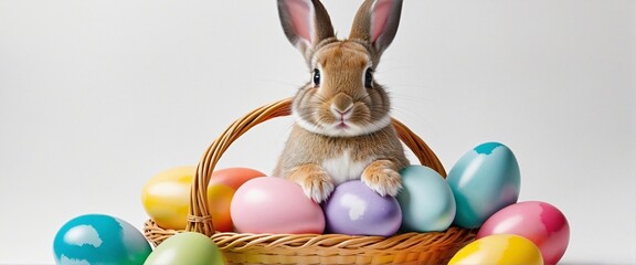 Colorful watercolor Easter card featuring a cute bunny in a basket surrounded by painted eggs on a...