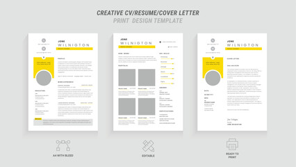 Modern Minimalist CV/Resume Template Two Page Vector Design with Bright Yellow Header - Clean, Stylish, and Professional Layout for Business Job Applications, Cover Letter Included