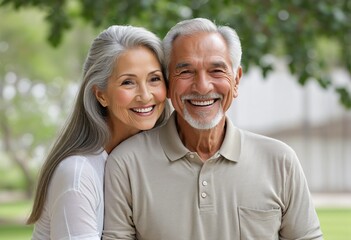 Elderly Latin couple embracing outdoors with smiles on their faces