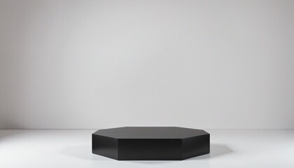 Stylish black pentagonal product display platform contrasts with elegant art deco backdrop