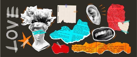 Collection and set of design elements in modern trendy design. Retro collage in halftone style and pieces of torn and crumpled paper. Stationery tape. A sheet . Concept for the web. Sculpture. Vector